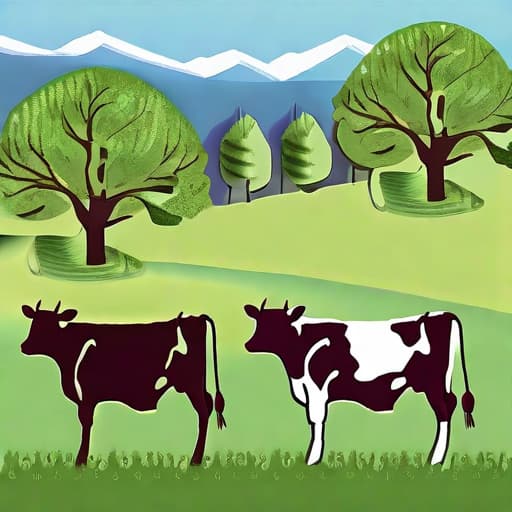  Generate an image of a peaceful herd of cows grazing in a lush green farm field, with a serene backdrop of towering trees under a clear blue sky.