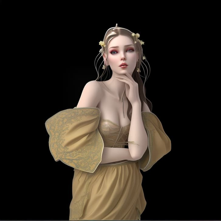 mdjrny-v4 style Create a Fantasy style avatar of a female Elf. Prominent Elf Ears, ears should be pointed, long, sharp, visible behind the hair. The character should have long, flowing silver hair, caught in a bun, adorned with delicate flowers. Her eyes should be almond shaped and bright green. She should wear an elegant, fitted tunic with intricate leaf patterns and embroidery. Her ears should be pointed and prominent, a defining feature of Elves. She should have a graceful and slender build, with pale, smooth skin.