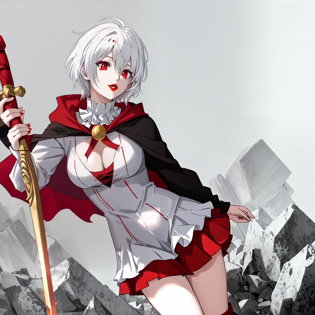  in an anime style, clown goth skin female white messy pixie hair dark red lipstick wearing a superman outfit. dark red Cape shape teeth holding a Golden sword