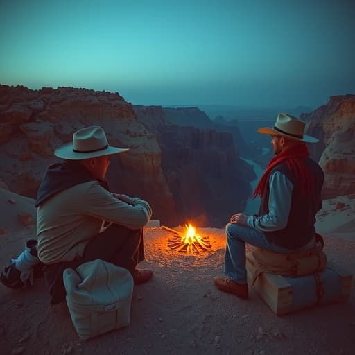  create a western inspired photograph shot in 50mm from a first person view sitting around a campfire. also inspired by roger deakins cinematogrphy work. this photograph has to emphasize tension and each section is motivating each other to tell a story. in the midground shows a railway going into a man sized mining cavern. the overall scene is set in a desert setting at dawn just before the sunrise. the scene is seperated in three sections, the foreground, middleground, and background. the background shows a deep canyon below with rugged rock formations and a winding river that tapers down into the distance. the midground appears closer to your area at around 100 ft away and comprises part of a canyonside. within this canyonside you see a ra hyperrealistic, full body, detailed clothing, highly detailed, cinematic lighting, stunningly beautiful, intricate, sharp focus, f/1. 8, 85mm, (centered image composition), (professionally color graded), ((bright soft diffused light)), volumetric fog, trending on instagram, trending on tumblr, HDR 4K, 8K