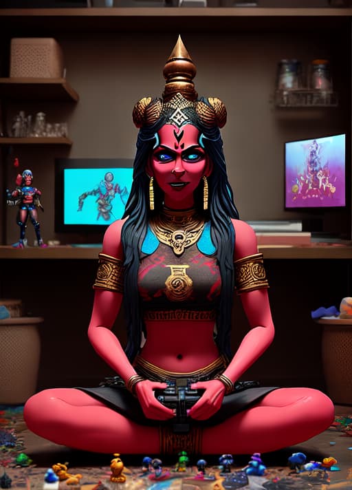  Create a highly detailed AI artwork featuring the goddess Kali. Depict her with multiple arms, playing video games on a gaming computer while wearing a braless shirt and panties. Emphasize her intense focus on the game and showcase the intricate details of her arms. The room should be cluttered and messy, with clothes scattered on the ground. Include a game controller and anime figurines to show her connection to popular culture. Aim for a high-resolution, HD 4K artwork.