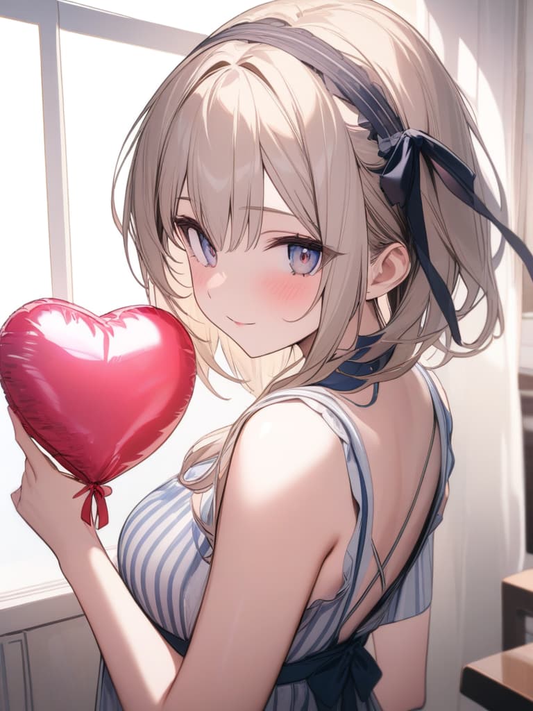  ultra detailed:1.2,masterpiece:1.2,best quality,masterpiece,bestquality,hdr:1.1,8k:1.1,very cute girl:1.3,casual:1.2,heart shaped balloon:1.3,(holding heart shaped balloon:1.3),candy stripe dress:1.3,looking back:1.3,ribbon headband:1.3,head tilt:1.4,waving hand:1.3,seductive smile:1.4, masterpiece, best quality,8k,ultra detailed,high resolution,an extremely delicate and beautiful,hyper detail