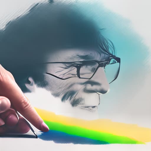 dublex style man wearing glasses, sitting and drawing motion on the paper, half colored drawingon the paper, thinking about work