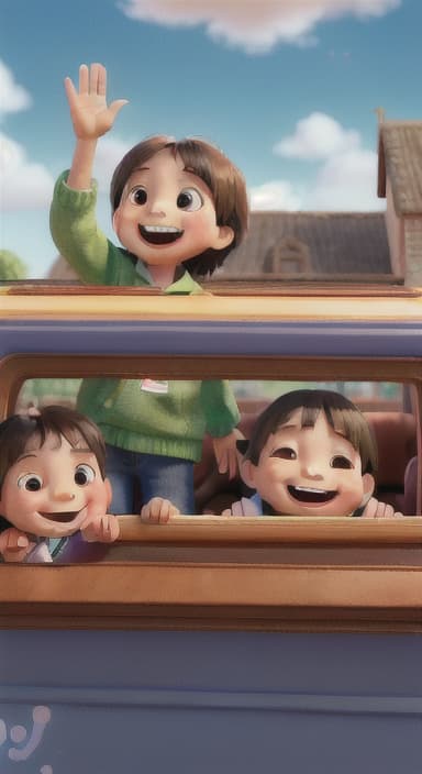  {A heartwarming scene of all the children waving goodbye with happy expressions., Children waving with wide smiles, looking grateful and content.