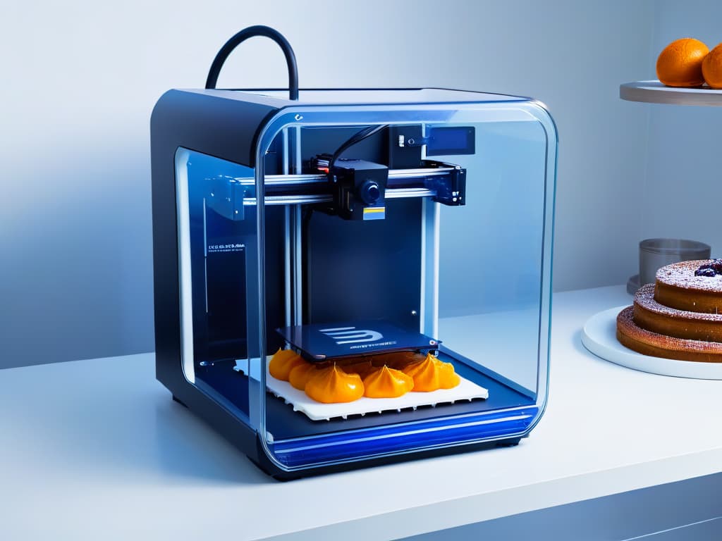  A highresolution, ultradetailed image of a sleek, futuristic 3D printer specifically designed for creating intricate and delicious dessert creations. The 3D printer is shown in a clean, minimalistic style, with smooth lines and a touch of elegance in its design. It is depicted in a pristine white color, sitting on a pristine, uncluttered countertop, ready to bring to life the most delectable and visually stunning desserts imaginable. This image perfectly complements the professional and inspirational tone of the article while capturing the essence of innovative technology in the realm of dessertmaking. hyperrealistic, full body, detailed clothing, highly detailed, cinematic lighting, stunningly beautiful, intricate, sharp focus, f/1. 8, 85mm, (centered image composition), (professionally color graded), ((bright soft diffused light)), volumetric fog, trending on instagram, trending on tumblr, HDR 4K, 8K