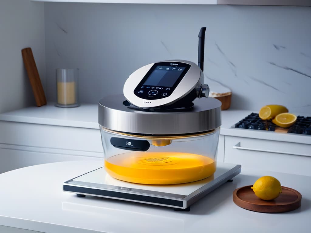  A sleek and modern kitchen countertop with a hightech multifunctional baking robot elegantly displayed, featuring a digital touchscreen interface, shiny stainless steel finish, and a variety of baking tools neatly organized nearby. The robot is surrounded by a soft, diffused light, casting a subtle glow on the smooth marble surface, creating a sophisticated and futuristic ambiance. hyperrealistic, full body, detailed clothing, highly detailed, cinematic lighting, stunningly beautiful, intricate, sharp focus, f/1. 8, 85mm, (centered image composition), (professionally color graded), ((bright soft diffused light)), volumetric fog, trending on instagram, trending on tumblr, HDR 4K, 8K