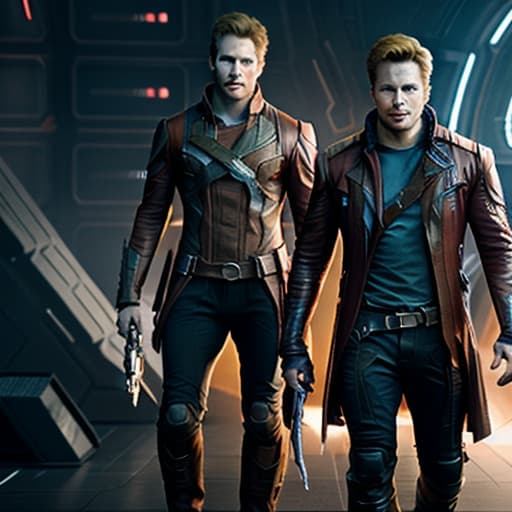  Guardians of the Galaxy, Star Lord hyperrealistic, full body, detailed clothing, highly detailed, cinematic lighting, stunningly beautiful, intricate, sharp focus, f/1. 8, 85mm, (centered image composition), (professionally color graded), ((bright soft diffused light)), volumetric fog, trending on instagram, trending on tumblr, HDR 4K, 8K