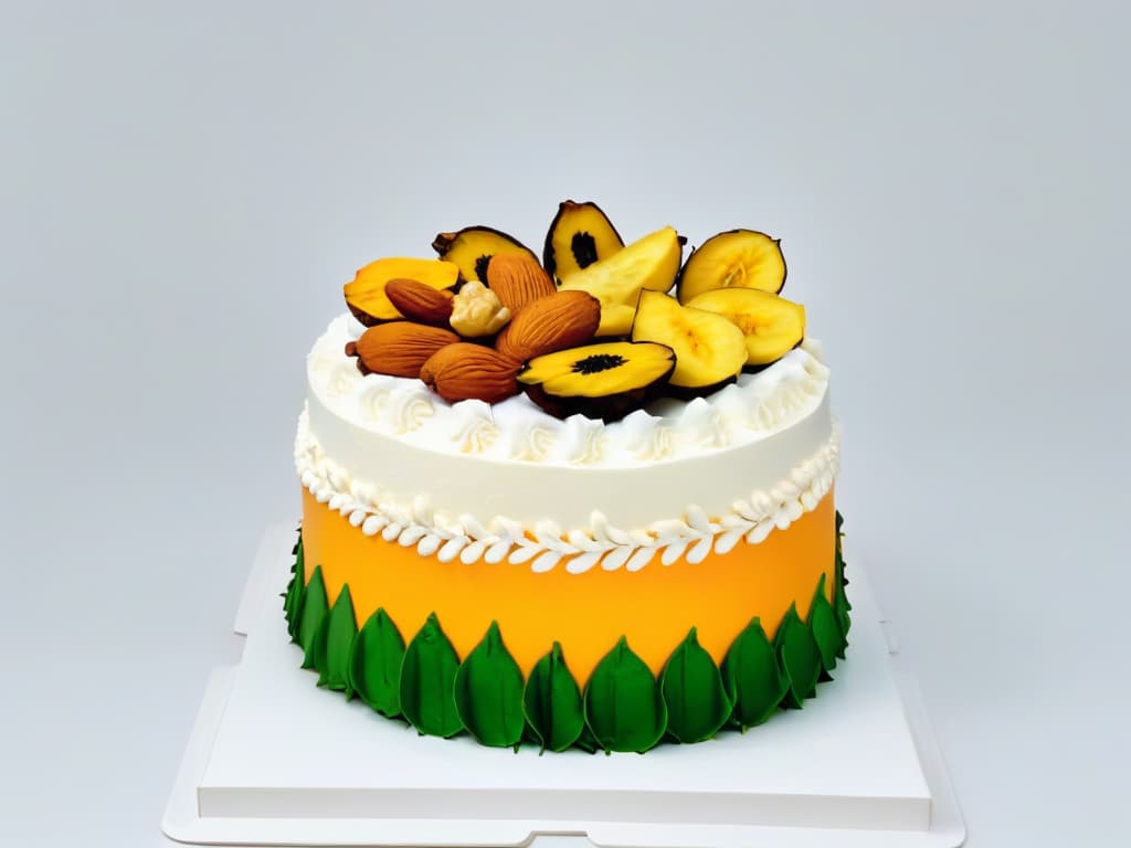  An ultradetailed, highresolution image of a beautifully decorated Nigerianinspired cake showcasing intricate patterns and vibrant colors, with traditional Nigerian ingredients like plantains, coconut, and peanuts artfully displayed on the side. The cake is set against a simple, clean white background to emphasize the detailed craftsmanship and cultural richness of Nigerian dessert traditions. hyperrealistic, full body, detailed clothing, highly detailed, cinematic lighting, stunningly beautiful, intricate, sharp focus, f/1. 8, 85mm, (centered image composition), (professionally color graded), ((bright soft diffused light)), volumetric fog, trending on instagram, trending on tumblr, HDR 4K, 8K