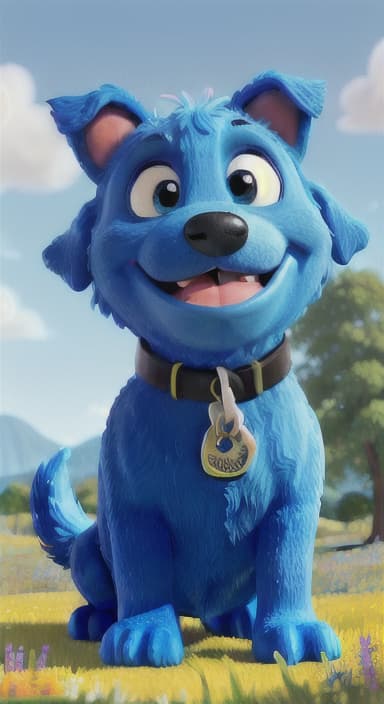  {A happy, big blue dog wagging its tail in a colorful meadow, The big blue dog is large with sky blue fur, big round eyes, a black nose, and floppy ears.