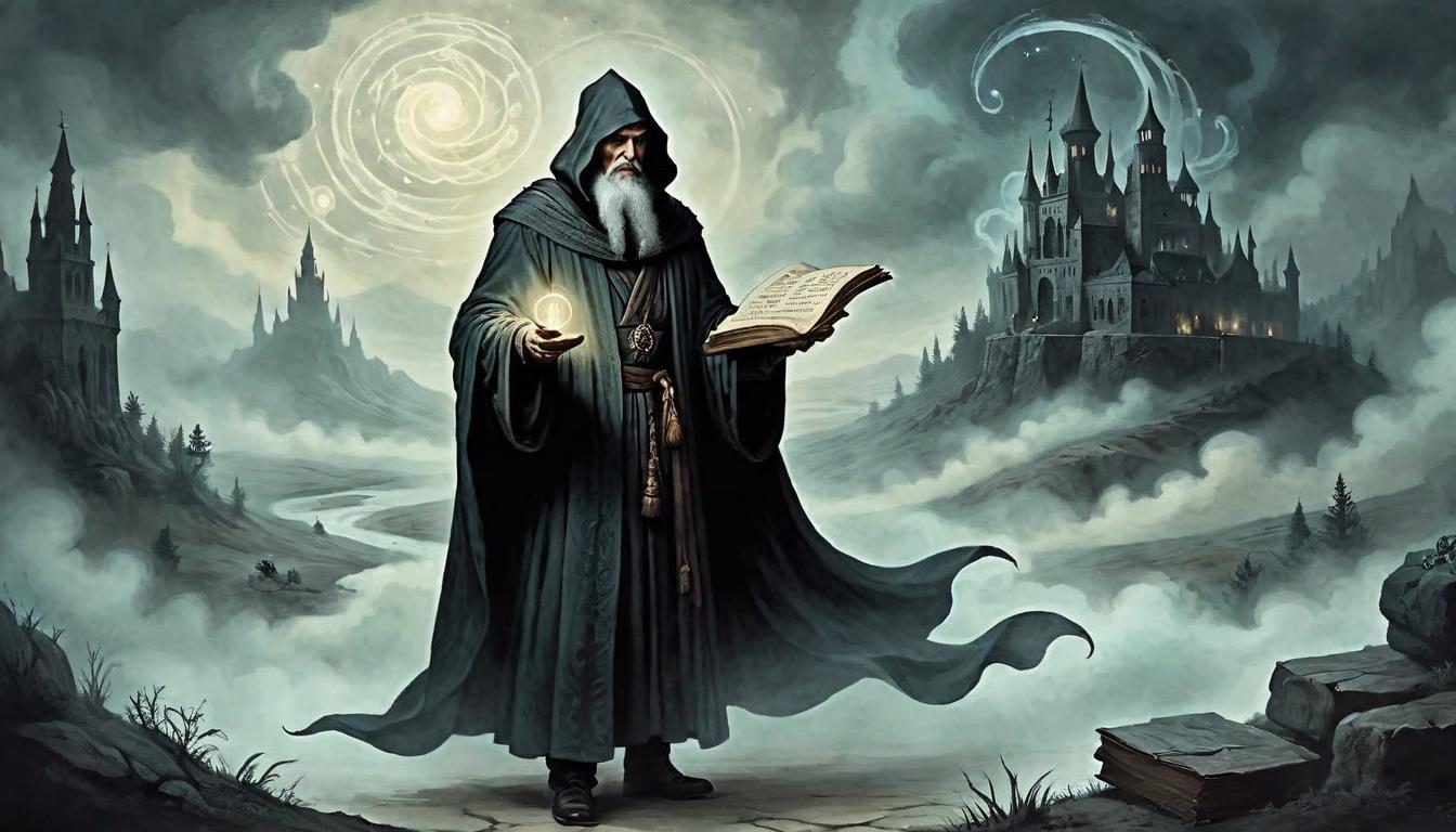  on parchment, surrealism+++, A venerable sage clothed in dark robes, holding an ancient scroll that glows with soft light, standing amid swirling mists, knowledgeable, mystical(mysterious, provocative, symbolic,muted color)+++