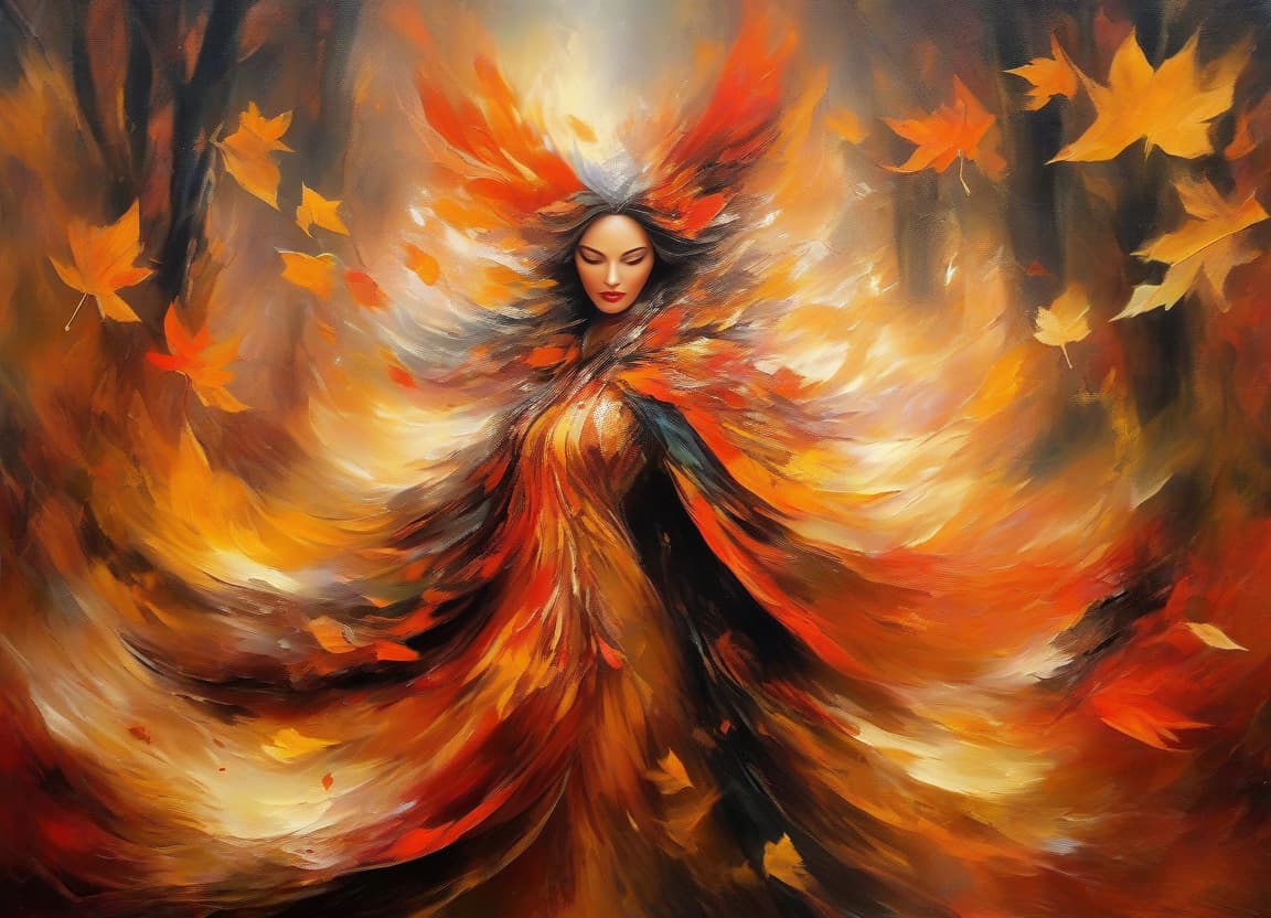  abstract expressionist painting A mystical woman adorned with autumn leaves and foxes in an enchanted forest. . energetic brushwork, bold colors, abstract forms, expressive, emotional hyperrealistic, full body, detailed clothing, highly detailed, cinematic lighting, stunningly beautiful, intricate, sharp focus, f/1. 8, 85mm, (centered image composition), (professionally color graded), ((bright soft diffused light)), volumetric fog, trending on instagram, trending on tumblr, HDR 4K, 8K