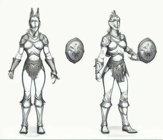  A female warrior character sheet, has no left arm, full armor