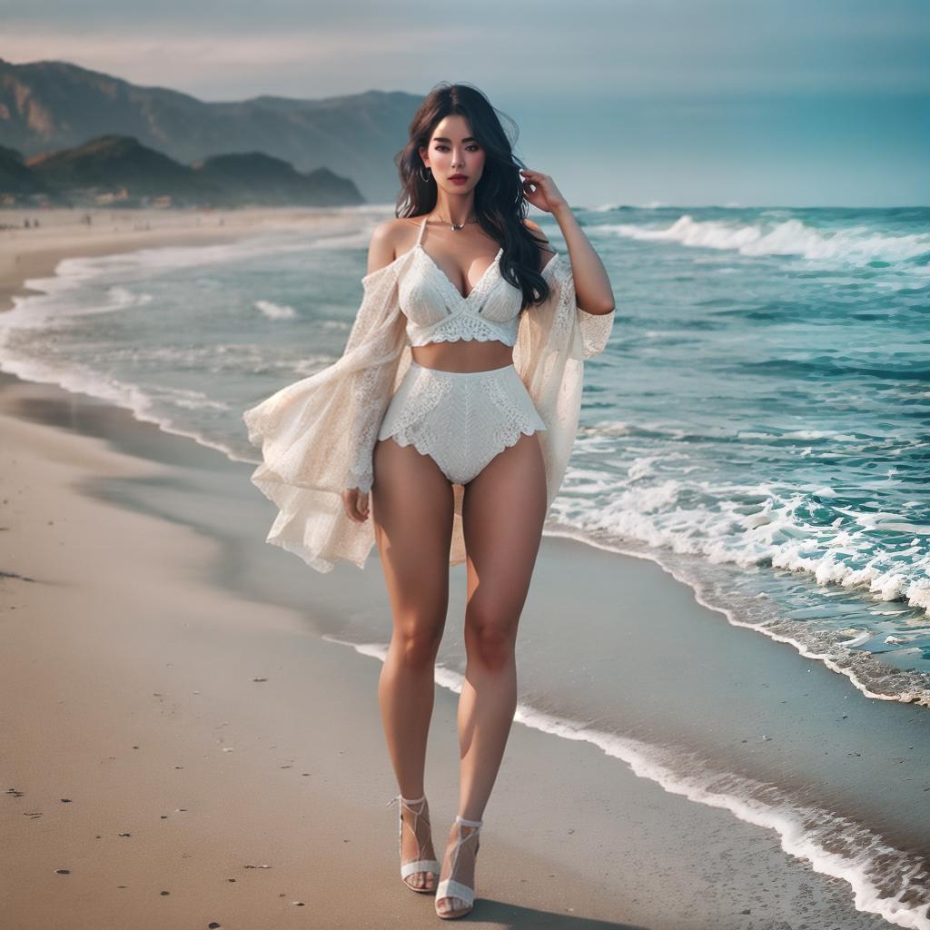  Girl on the beach hyperrealistic, full body, detailed clothing, highly detailed, cinematic lighting, stunningly beautiful, intricate, sharp focus, f/1. 8, 85mm, (centered image composition), (professionally color graded), ((bright soft diffused light)), volumetric fog, trending on instagram, trending on tumblr, HDR 4K, 8K