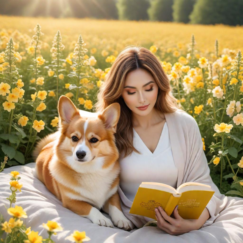  A Burnett , reading a book in a field of flowers with her yellow corgi. The has long hair, a serene and focused expression while reading. She is a blanket. Surrounding her is a lush field of various colorful flowers. A cute, happy yellow corgi is lying beside her looking content and at peace. The setting is sunny and vint, exuding a calm and peaceful atmosphere. hyperrealistic, full body, detailed clothing, highly detailed, cinematic lighting, stunningly beautiful, intricate, sharp focus, f/1. 8, 85mm, (centered image composition), (professionally color graded), ((bright soft diffused light)), volumetric fog, trending on instagram, trending on tumblr, HDR 4K, 8K