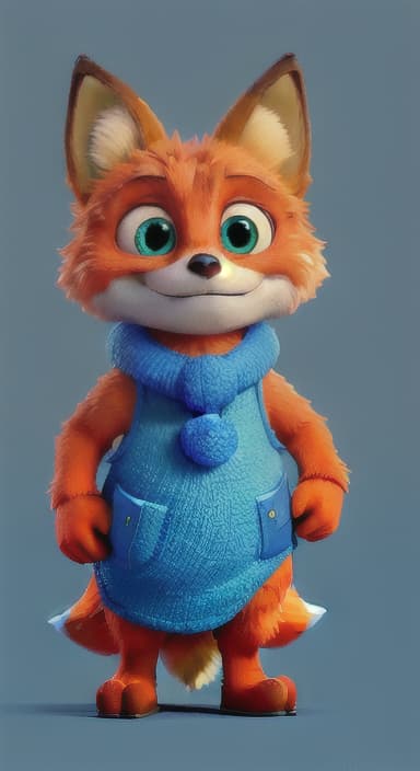  {Error the fox pressing the blue button with his paw, looking puzzled as nothing occurs., Error is a small, bright orange fox with a fluffy tail and big, inquisitive eyes. He has a mischievous yet kind expression and wears a tiny green scarf.