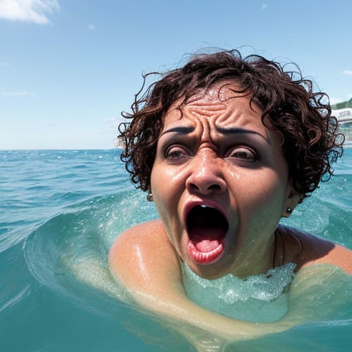  tanned woman with short and curly haircut is in the water up to her nose she's screaming and panic