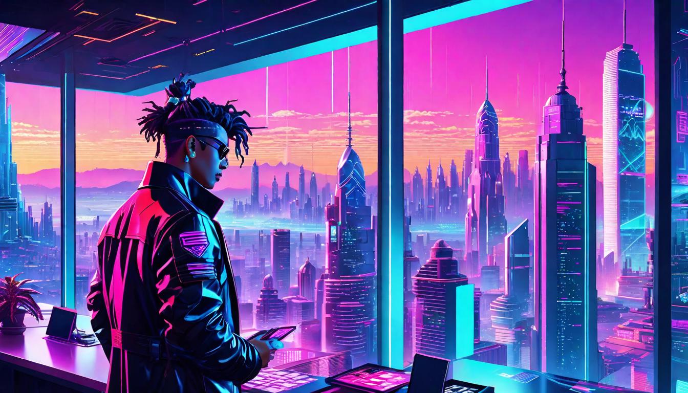  vaporwave,cyberpunk game style Architects planning over blueprints with city skyline behind, Catalyzing change, Reshaping societies, Visionary outlook, Foundation for renewal, Blueprint for the futureeon, dystopian, futuristic, digital, vibrant, detailed, high contrast, reminiscent of cyberpunk genre video games,retro aesthetic, cyberpunk, vibrant, neon colors, vintage 80s and 90s style, highly detailed