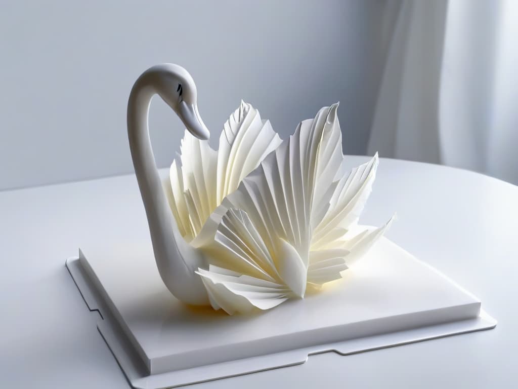  An exquisitely detailed closeup of a delicate, intricately folded origami swan crafted from edible rice paper, placed on a pristine white dessert plate. The paper swan is flawlessly constructed, with each fold and crease catching the light to reveal a mesmerizing array of shadows and highlights. The plate rests on a smooth marble countertop, with a soft, diffused light casting gentle shadows around the piece. The overall composition exudes elegance and sophistication, perfectly encapsulating the fusion of artistry and culinary innovation in the realm of edible paper creations. hyperrealistic, full body, detailed clothing, highly detailed, cinematic lighting, stunningly beautiful, intricate, sharp focus, f/1. 8, 85mm, (centered image composition), (professionally color graded), ((bright soft diffused light)), volumetric fog, trending on instagram, trending on tumblr, HDR 4K, 8K