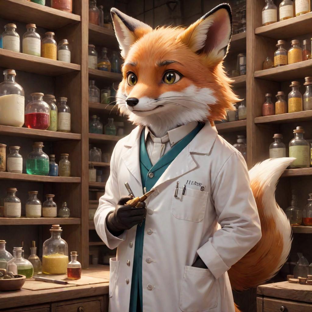  upper body, fox Cheeseville, Soft Alchemical Glow, Curious and Inquisitive, Tiny and Nimble, Whiskers and Bright Eyes, Scientific Lab Coat with a Pocket Protector, Alchemical Laboratory with Potion filled Shelves, Chemist and Alchemist in the Mouse Lab