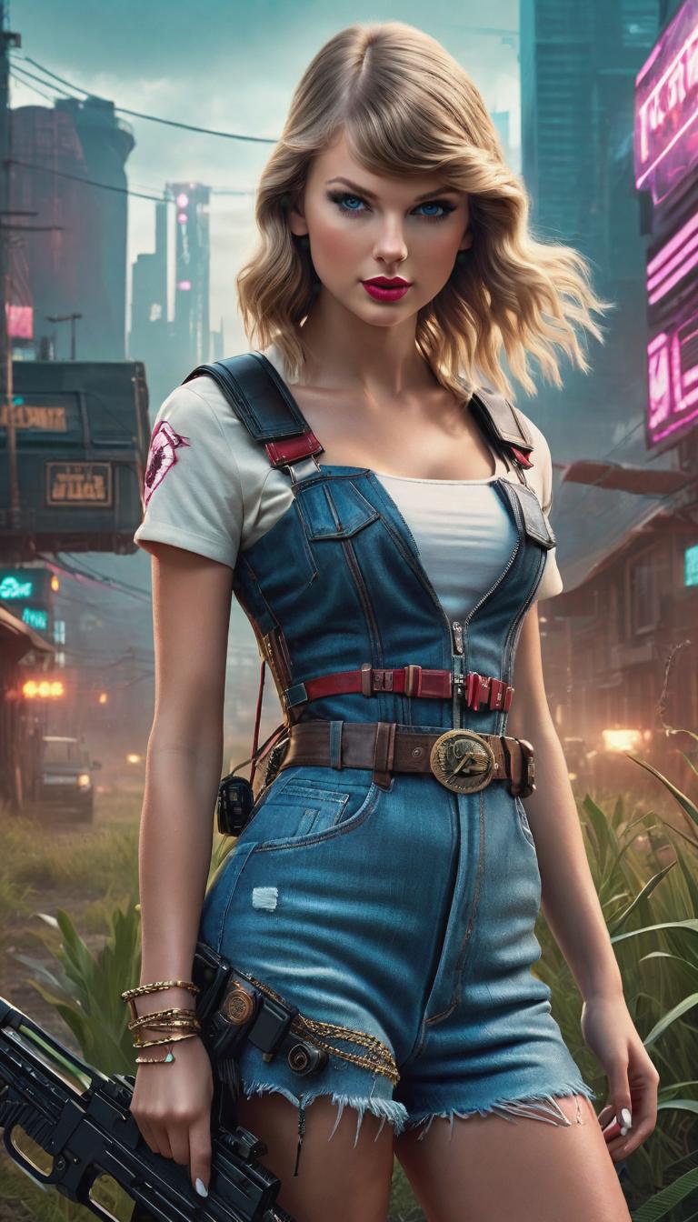  Cyberpunk style depiction of Taylor Swift as a country girl. The scene is set in a world where technology has advanced, but society and human conditions have not, creating a gritty, dystopian atmosphere. hyperrealistic, full body, detailed clothing, highly detailed, cinematic lighting, stunningly beautiful, intricate, sharp focus, f/1. 8, 85mm, (centered image composition), (professionally color graded), ((bright soft diffused light)), volumetric fog, trending on instagram, trending on tumblr, HDR 4K, 8K