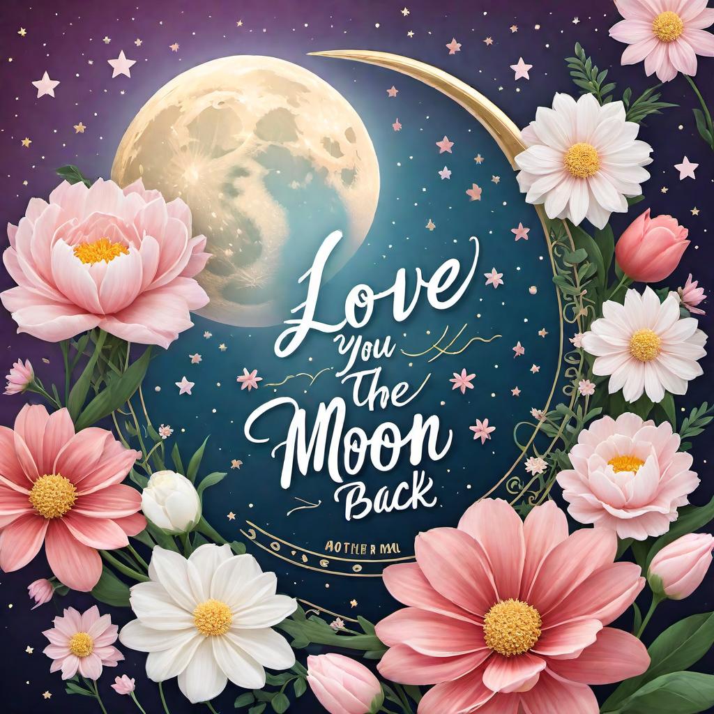  A Mother's Day picture with the phrase "I love you to the moon and back!". The image should be warm and affectionate, with a soft color palette that conveys the tenderness of the occasion. The composition should include elements associated with Mother's Day, such as flowers or hearts, and celestial bodies like stars and a stylized moon to match the theme of the quote. The text should be in a gentle, handwritten font to add a personal touch. hyperrealistic, full body, detailed clothing, highly detailed, cinematic lighting, stunningly beautiful, intricate, sharp focus, f/1. 8, 85mm, (centered image composition), (professionally color graded), ((bright soft diffused light)), volumetric fog, trending on instagram, trending on tumblr, HDR 4K, 8K