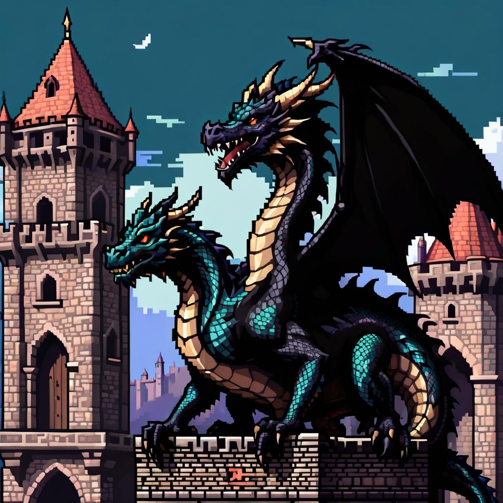  pixel art A black dragon on a medieval tower, pixel art. ||| [< Previous Entry](https://github.com/lgpul/prompt translator/releases/tag/v0/posts/2023 01 30 23 57 41) [Next Entry >](https://github.com/lgpul/prompt translator/releases/tag/v0/posts/2023 01 30 23 57 55) Enjoy? 😃 Feel free to donate: 5ezwg5pmhfkgwfqegwdd7799n7wd94qaqz8k366xmn3y371lt3s4vc9ha2fxul2jfzh5d52ydkxy5j6st8gy5k497bnu75rr5ddl . low res, blocky, pixel art style, 8 bit graphics hyperrealistic, full body, detailed clothing, highly detailed, cinematic lighting, stunningly beautiful, intricate, sharp focus, f/1. 8, 85mm, (centered image composition), (professionally color graded), ((bright soft diffused light)), volumetric fog, trending on instagram, trending on tumblr, HDR 4K, 8K