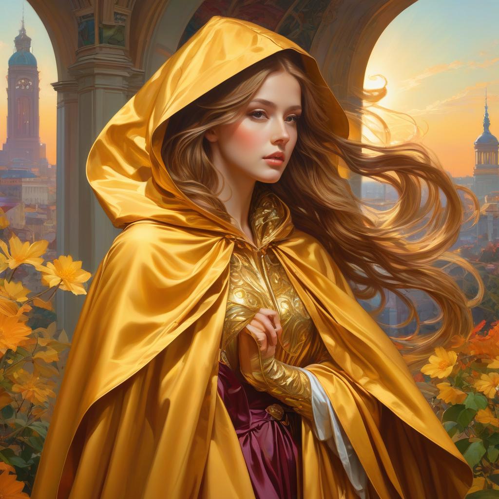  A masterpiece. A very beautiful girl. High elaboration, high detail. Golden brown hair. Girl on heels. Brown eyes. Golden hooded cloak. Behind nature, city. Bright colors. Sunlight. Surrealist abstractionism. Alfonso Mucha, Honoré Fargonard. hyperrealistic, full body, detailed clothing, highly detailed, cinematic lighting, stunningly beautiful, intricate, sharp focus, f/1. 8, 85mm, (centered image composition), (professionally color graded), ((bright soft diffused light)), volumetric fog, trending on instagram, trending on tumblr, HDR 4K, 8K