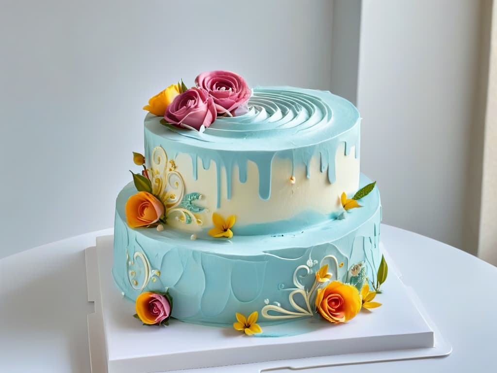  A closeup, ultradetailed image of a sleek, modern pastry chef meticulously piping delicate swirls of pastelcolored buttercream onto a decadent multilayered cake. The chef's hands, adorned with elegant culinary tattoos, expertly handle the piping bag, creating intricate floral patterns that dance across the cake's surface, capturing the precise artistry and craftsmanship involved in the design and organization of a pastry menu. The soft, natural light filtering through a nearby window gently illuminates the scene, highlighting the contrast between the smooth, glossy frosting and the textured, sponge layers of the cake. hyperrealistic, full body, detailed clothing, highly detailed, cinematic lighting, stunningly beautiful, intricate, sharp focus, f/1. 8, 85mm, (centered image composition), (professionally color graded), ((bright soft diffused light)), volumetric fog, trending on instagram, trending on tumblr, HDR 4K, 8K