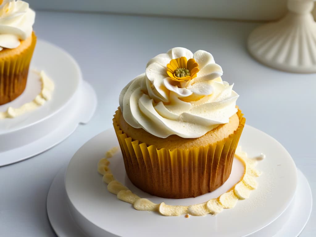  A closeup, ultradetailed image of a perfectly frosted glutenfree cupcake, topped with a delicate edible flower and a sprinkle of gold dust, placed on a sleek, modern white plate. The frosting is smooth and glossy, showcasing intricate swirls, and the cupcake itself is moist and crumbfree, exuding an inviting aroma. The lighting is soft, casting gentle shadows to highlight the texture and details of this delectable glutenfree treat. hyperrealistic, full body, detailed clothing, highly detailed, cinematic lighting, stunningly beautiful, intricate, sharp focus, f/1. 8, 85mm, (centered image composition), (professionally color graded), ((bright soft diffused light)), volumetric fog, trending on instagram, trending on tumblr, HDR 4K, 8K