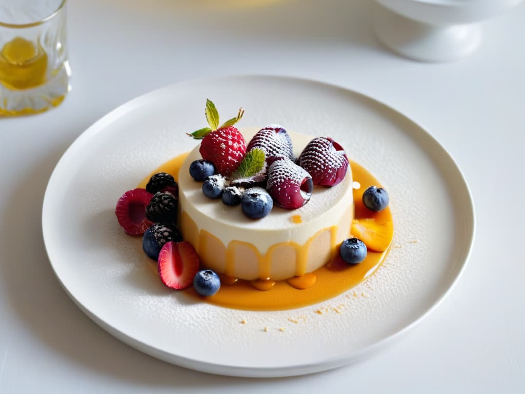  A minimalist, highresolution image of an elegantly plated dessert featuring a variety of natural sweeteners such as honey, maple syrup, and stevia, surrounded by fresh berries and edible flowers. The dessert is artfully presented on a sleek, white ceramic plate, with soft natural lighting highlighting the textures and colors of the ingredients. hyperrealistic, full body, detailed clothing, highly detailed, cinematic lighting, stunningly beautiful, intricate, sharp focus, f/1. 8, 85mm, (centered image composition), (professionally color graded), ((bright soft diffused light)), volumetric fog, trending on instagram, trending on tumblr, HDR 4K, 8K