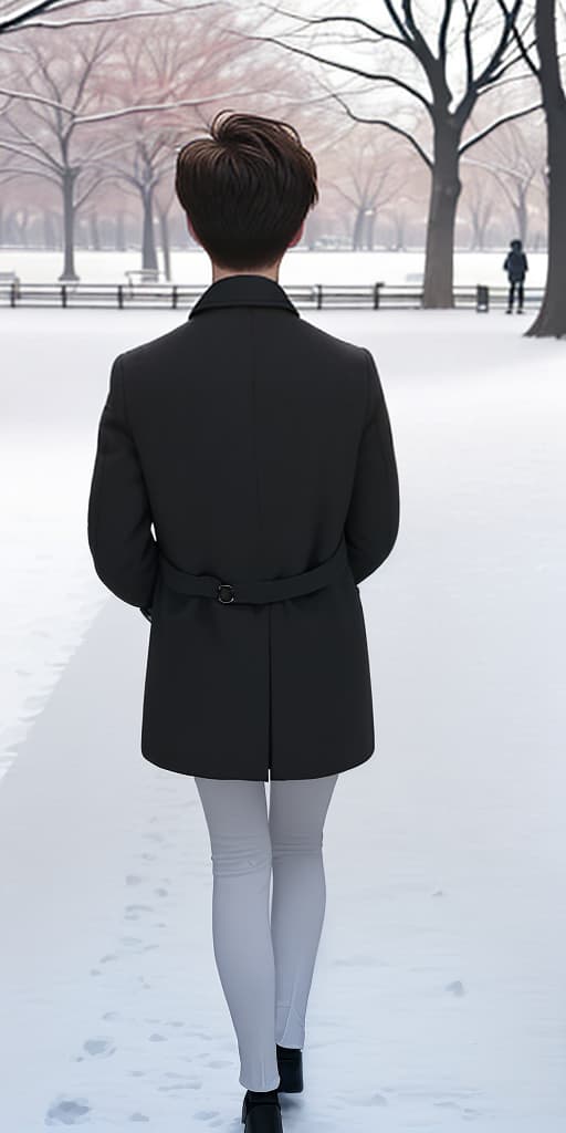  -girl-boy haircut, back, walking through the park, winter