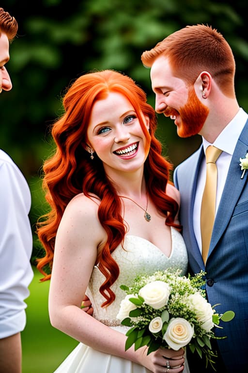  A beautiful redhead girl is smiling as she sees her best friend getting married to her brother and younger brother frowing