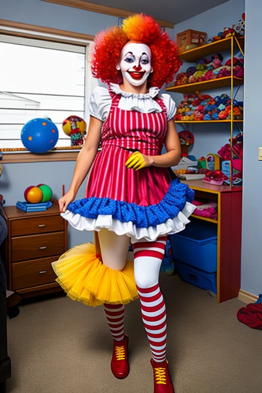  Female clown carrying a clown through a messy room