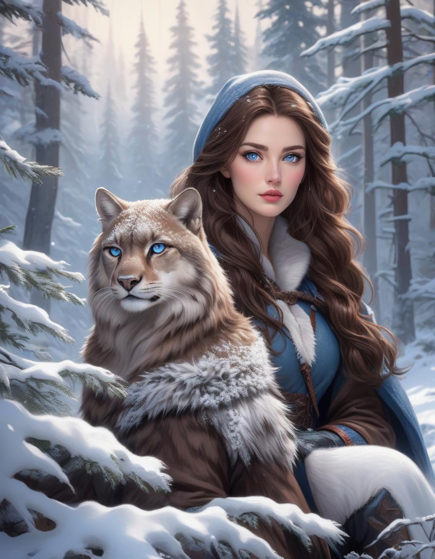  hyperrealistic art Create a portrait of a young woman with a determined expression in a snowy forest. The woman is seated, with long wavy chestnut brown hair, cool fair skin and expressive grey blue eyes. She is dressed in a dark brown, robust coat, dusted with snow powder. A snow panther sits next to her. On her shoulder is a falcon. The coat is hood less and appears heavy. On her shoulder she wears a quiver with arrows visible. In the background, snow covered pine trees and gently falling snowflakes are blurred, emphasising the calm but gloomy winter atmosphere. . extremely high resolution details, photographic, realism pushed to extreme, fine texture, incredibly lifelike hyperrealistic, full body, detailed clothing, highly detailed, cinematic lighting, stunningly beautiful, intricate, sharp focus, f/1. 8, 85mm, (centered image composition), (professionally color graded), ((bright soft diffused light)), volumetric fog, trending on instagram, trending on tumblr, HDR 4K, 8K