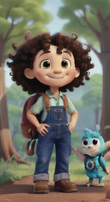  {The tree with a smiling face formed by its bark, looking down at Riley., Riley, a curious with big brown eyes and curly hair, wearing overalls and carrying a small backpack. Their friend, Skye, a bluebird with shiny feathers.