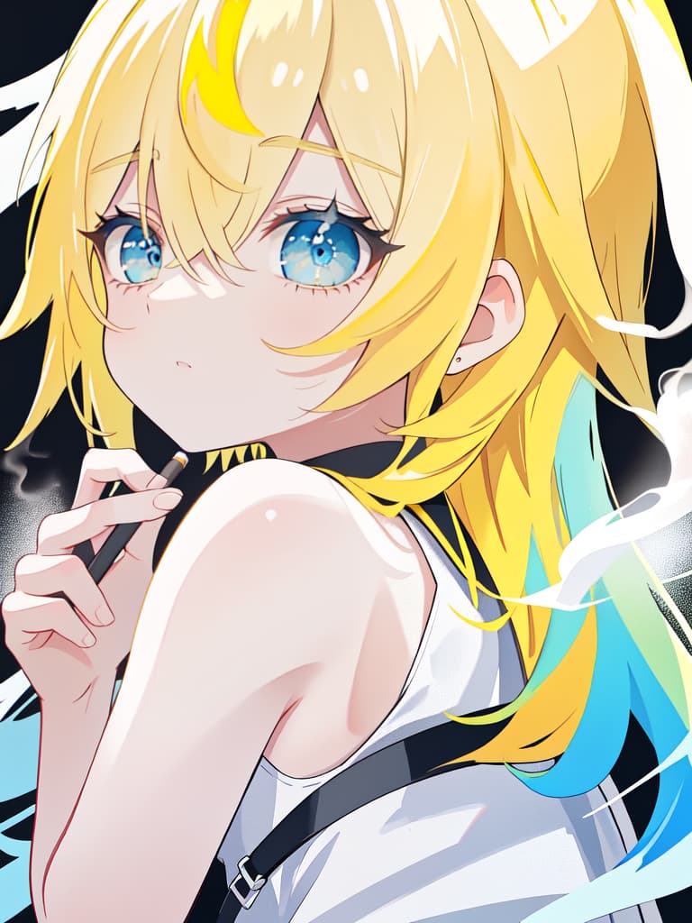  Angel, Blue Eye, Smoke a Cigarette, smoke, Yellow Hair, Sora, Pierce, look back, masterpiece, best quality,8k,ultra detailed,high resolution,an extremely delicate and beautiful,hyper detail