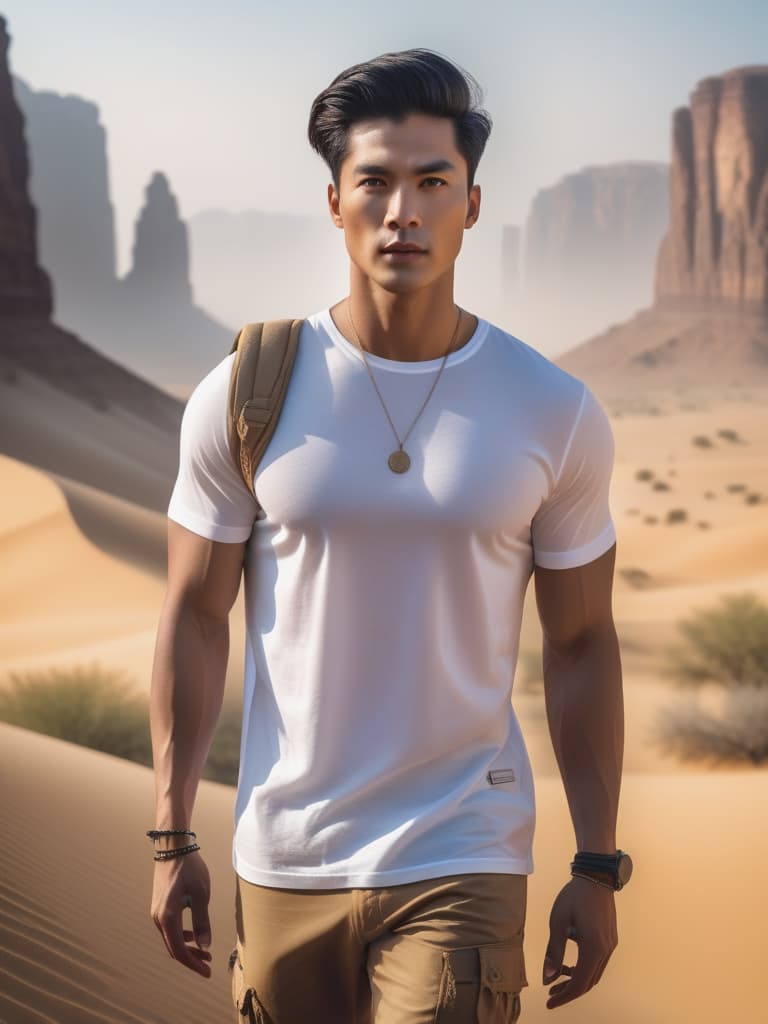  Half body portrait,Young Asian Male Tourist wear solid white casual short sleeve t shirt, walking in desert, look at to camera, cinematic lighting, stunningly beautiful, intricate, sharp focus, f/1. 8, 85mm, (professionally color graded), ((bright soft diffused light)), volumetric fog, trending on instagram, trending on tumblr, HDR 4K, 8K hyperrealistic, full body, detailed clothing, highly detailed, cinematic lighting, stunningly beautiful, intricate, sharp focus, f/1. 8, 85mm, (centered image composition), (professionally color graded), ((bright soft diffused light)), volumetric fog, trending on instagram, trending on tumblr, HDR 4K, 8K