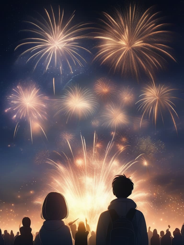  The sky is night sky, fireworks are rising, men are looking up at fireworks, back, masterpiece, best quality,8k,ultra detailed,high resolution,an extremely delicate and beautiful,hyper detail