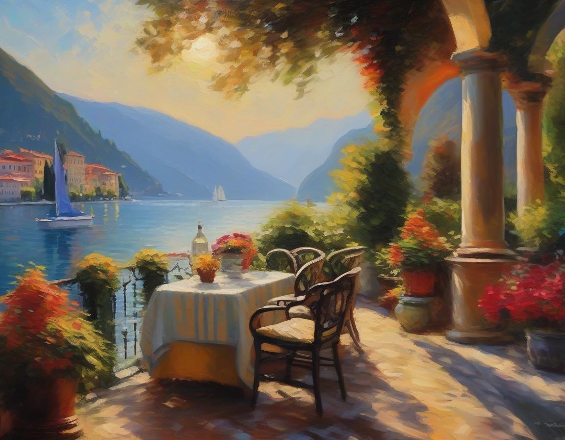  (Masterpiece, Oil painting: 1.3) Image of cute and cozy art villa, Overlooking Lake Como in (Impressionism) style, rough brushstrokes, impasto, Juicy color palette, cats. hyperrealistic, full body, detailed clothing, highly detailed, cinematic lighting, stunningly beautiful, intricate, sharp focus, f/1. 8, 85mm, (centered image composition), (professionally color graded), ((bright soft diffused light)), volumetric fog, trending on instagram, trending on tumblr, HDR 4K, 8K