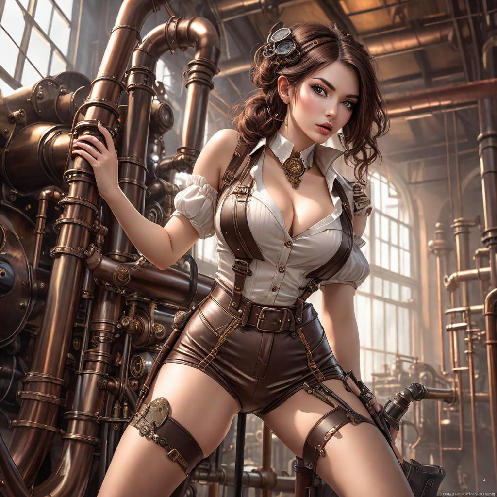  steampunk style, young woman, long pipes, bent over, tilted pose, face detailing, seductively looks at the viewer, cheeky bitch with lustful facial expression, bright brunette hair, shows bare, realistic skin, in shorts, belts, suspenders,  steampunk factory,  steam mechanisms, best quality, masterpiece, intricate details, hdr, (depth of field:1.3), hyperdetailed, (muted colors, smoothing tones:1.3), the style of the image is realistic and was shot on a professional canon eos 5d mark iv camera. each subject is highly detailed and sharp, providing uhd quality with 4k level detail., cute, hyper detail, full HD hyperrealistic, full body, detailed clothing, highly detailed, cinematic lighting, stunningly beautiful, intricate, sharp focus, f/1. 8, 85mm, (centered image composition), (professionally color graded), ((bright soft diffused light)), volumetric fog, trending on instagram, trending on tumblr, HDR 4K, 8K