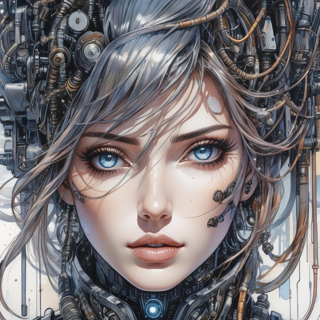  biomechanical cyberpunk Computer graphics, watercolor, fine line drawing with ink, beautiful woman, messy hair, oversized expressive eyes, long lashes, stern look from below, 32k, close up, AnyaJosephineMarieTaylor Joy . cybernetics, human machine fusion, dystopian, organic meets artificial, dark, intricate, highly detailed hyperrealistic, full body, detailed clothing, highly detailed, cinematic lighting, stunningly beautiful, intricate, sharp focus, f/1. 8, 85mm, (centered image composition), (professionally color graded), ((bright soft diffused light)), volumetric fog, trending on instagram, trending on tumblr, HDR 4K, 8K