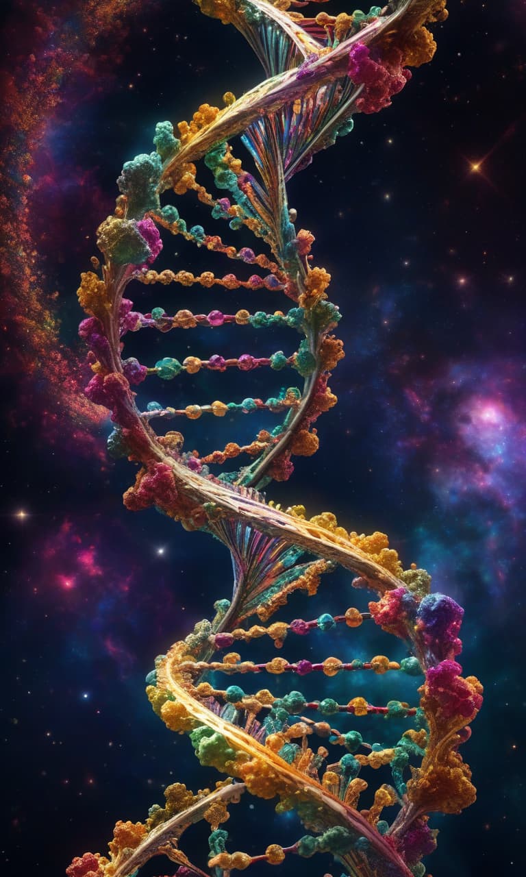  (masterpiece, digital art, 8K, highly detailed:1.3), double stranded DNA helix, intricate molecular structure, (against a dark cosmic background:1.2), created by Adam Marczyński, (highly realistic:1.2), rich colors blending seamlessly, reminiscent of a biology textbook page, symbolic of the raising of consciousness, set in the vast universe, ultra realistic depiction with intricate details, glowing with ethereal light, educational and awe inspiring, very vivid and lifelike portrayal, showcasing the beauty of genetics and science. colored crystal hyperrealistic, full body, detailed clothing, highly detailed, cinematic lighting, stunningly beautiful, intricate, sharp focus, f/1. 8, 85mm, (centered image composition), (professionally color graded), ((bright soft diffused light)), volumetric fog, trending on instagram, trending on tumblr, HDR 4K, 8K