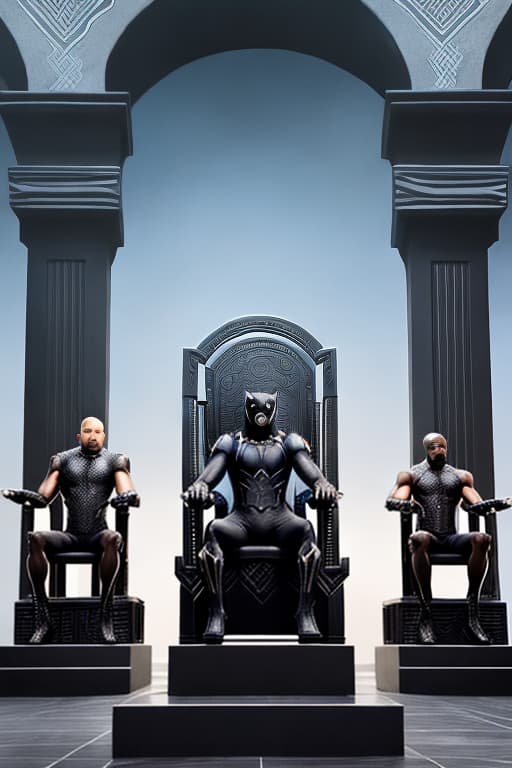  Black panther sitting on a throne with two black tigers at his sides