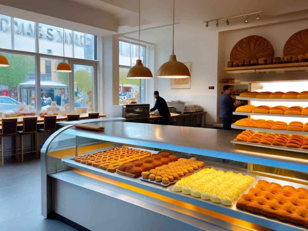  A photorealistic image of a bustling bakery with large windows showcasing a variety of beautifully decorated sustainable pastries and cakes. The interior is filled with customers enjoying their treats at cozy tables, while in the background, bakers can be seen working together in a harmonious and sustainable kitchen environment. The image captures the essence of a successful and environmentally conscious bakery leading the way in sustainability practices, with a warm and inviting atmosphere that inspires both customers and aspiring bakers alike. hyperrealistic, full body, detailed clothing, highly detailed, cinematic lighting, stunningly beautiful, intricate, sharp focus, f/1. 8, 85mm, (centered image composition), (professionally color graded), ((bright soft diffused light)), volumetric fog, trending on instagram, trending on tumblr, HDR 4K, 8K