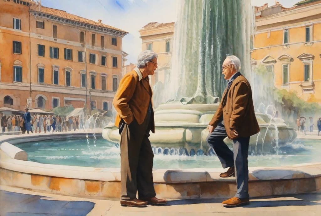  masterpiece, best quality, (A couple of man and woman in their sixties in front of a fountain in Rome, brown shoes, side view, full figure, watercolor