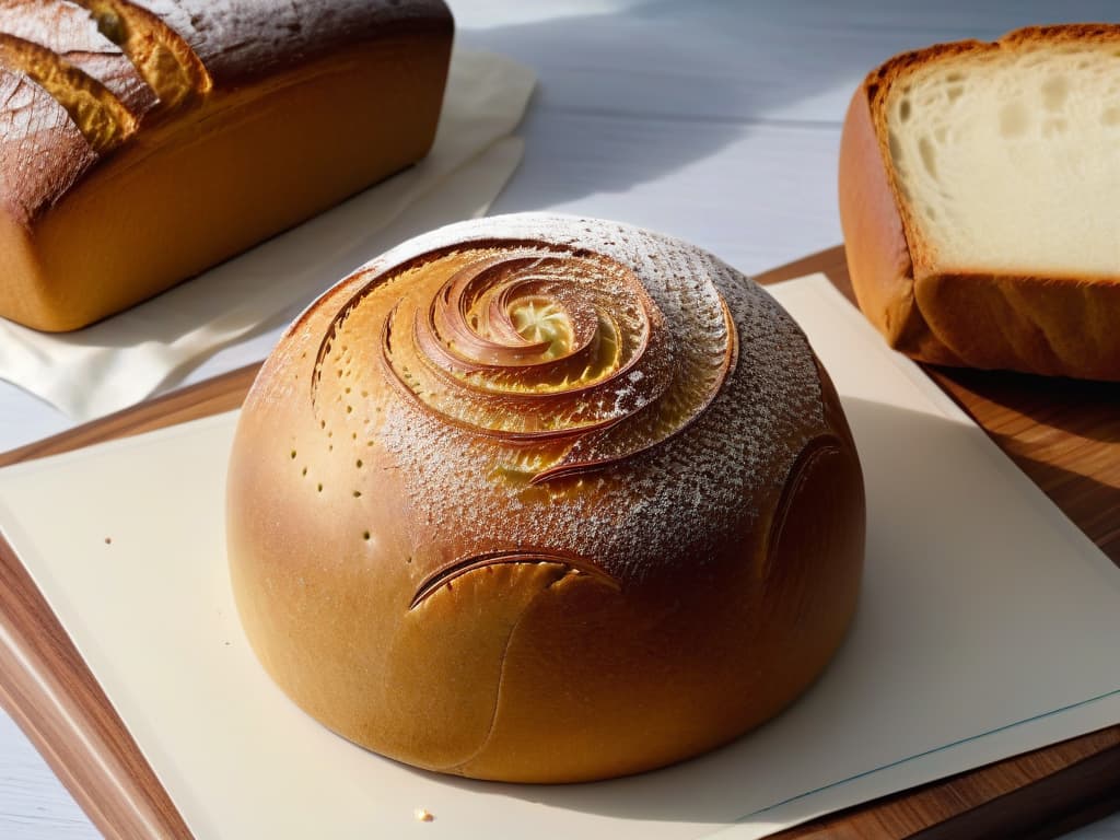  A stunningly minimalistic image of a perfectly scored sourdough boule, with intricate patterns on its crust, set against a simple, elegant backdrop of a flourdusted wooden table. The lighting is soft, casting gentle shadows that highlight the details of the bread's texture and the subtle nuances of its goldenbrown color. The image exudes a sense of artisanal craftsmanship and culinary expertise, inviting viewers to appreciate the beauty and complexity of advanced artisanal baking techniques. hyperrealistic, full body, detailed clothing, highly detailed, cinematic lighting, stunningly beautiful, intricate, sharp focus, f/1. 8, 85mm, (centered image composition), (professionally color graded), ((bright soft diffused light)), volumetric fog, trending on instagram, trending on tumblr, HDR 4K, 8K