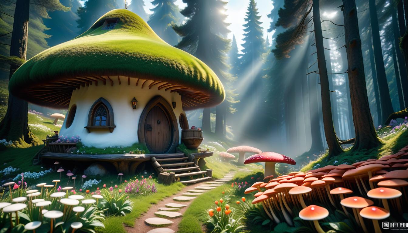  dreamscape Snow White, dwarven house, forest, fable, sunny day, flowers, single mashrooms . surreal, ethereal, dreamy, mysterious, fantasy, highly detailed hyperrealistic, full body, detailed clothing, highly detailed, cinematic lighting, stunningly beautiful, intricate, sharp focus, f/1. 8, 85mm, (centered image composition), (professionally color graded), ((bright soft diffused light)), volumetric fog, trending on instagram, trending on tumblr, HDR 4K, 8K