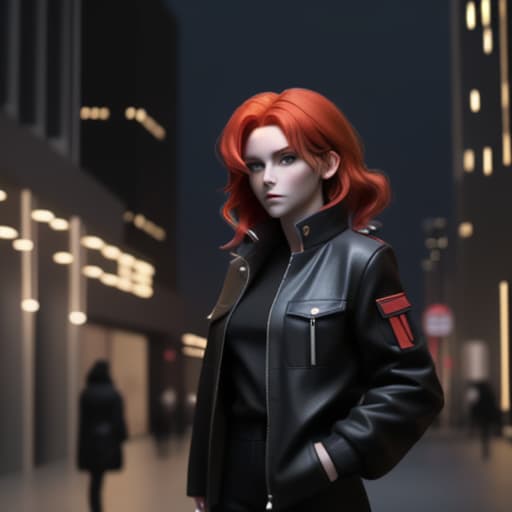  Woman with red hair and a black jacket is standing in a city