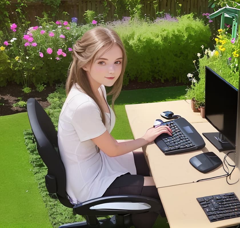  Beautiful girl sits working on the computer in the garden