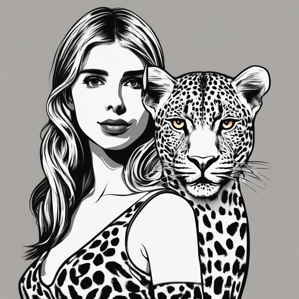  concept art, digital illustration, logo, clear smooth lines, vector style, high detailization, girl, Emma Roberts, leopard